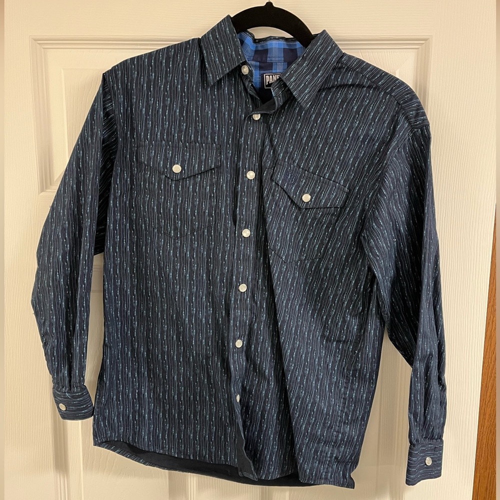 Panhandle Boys Button Up Shirt Size L 14 Western Shirt Blue Pearl snap buttons